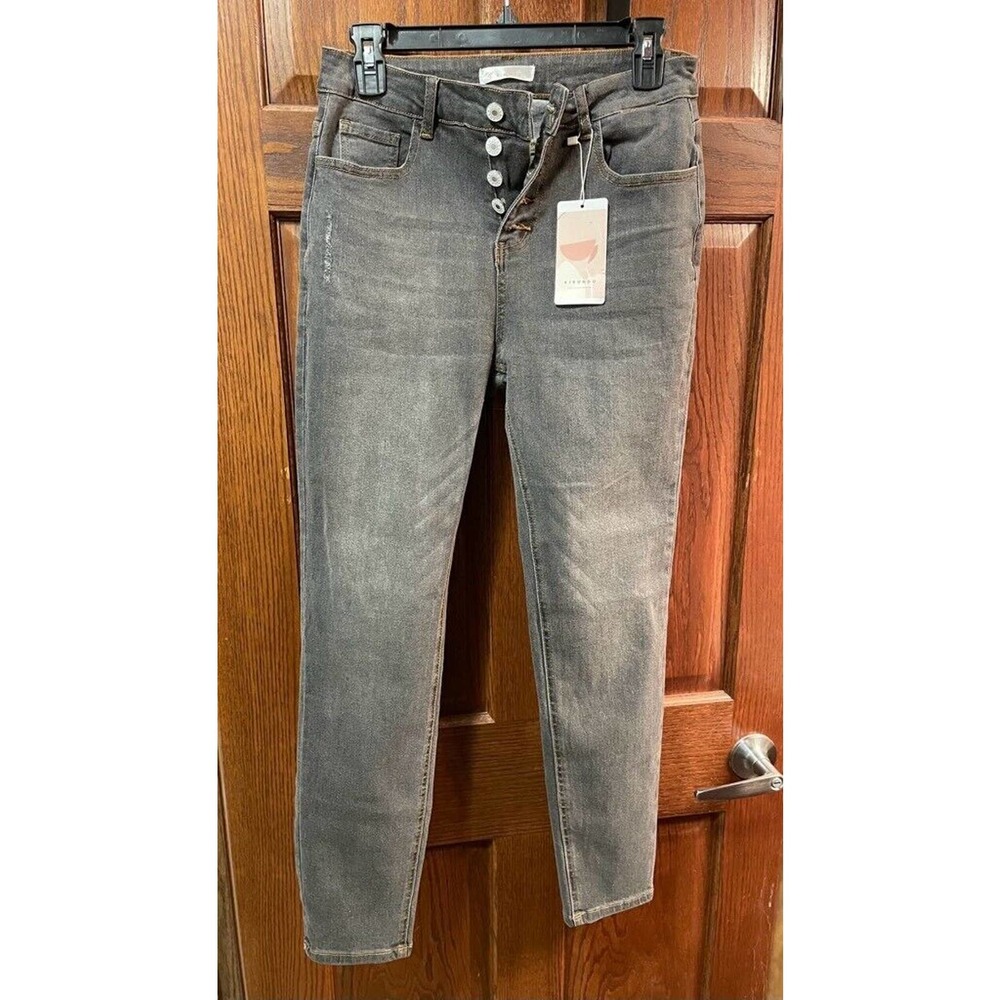 Kirundo Womens Skinny Jeans Gray Medium Wash Button Fly Stretch Denim M New